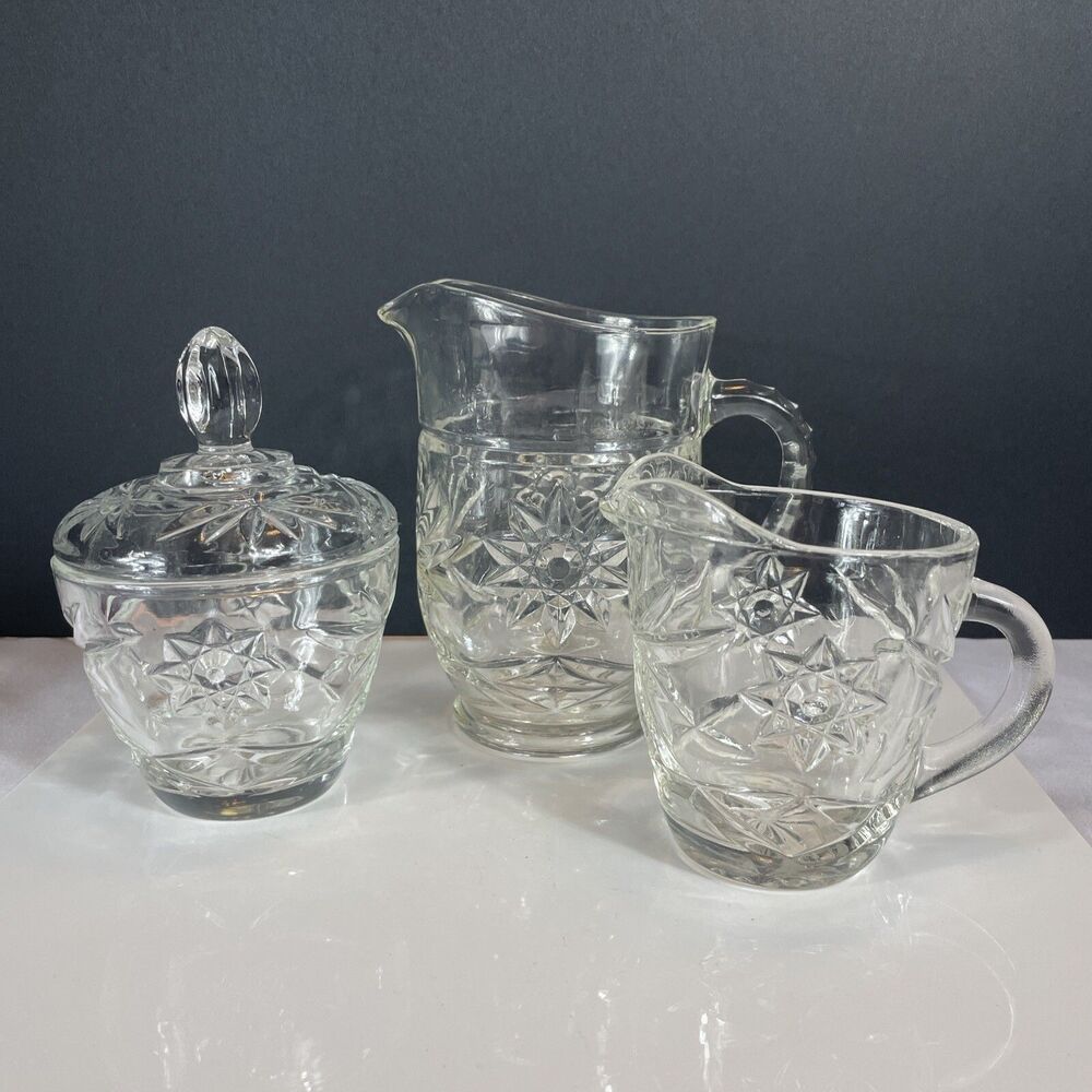 Anchor Hocking Prescut Star of David Creamers & Sugar Bowl Lid Vtg MCM